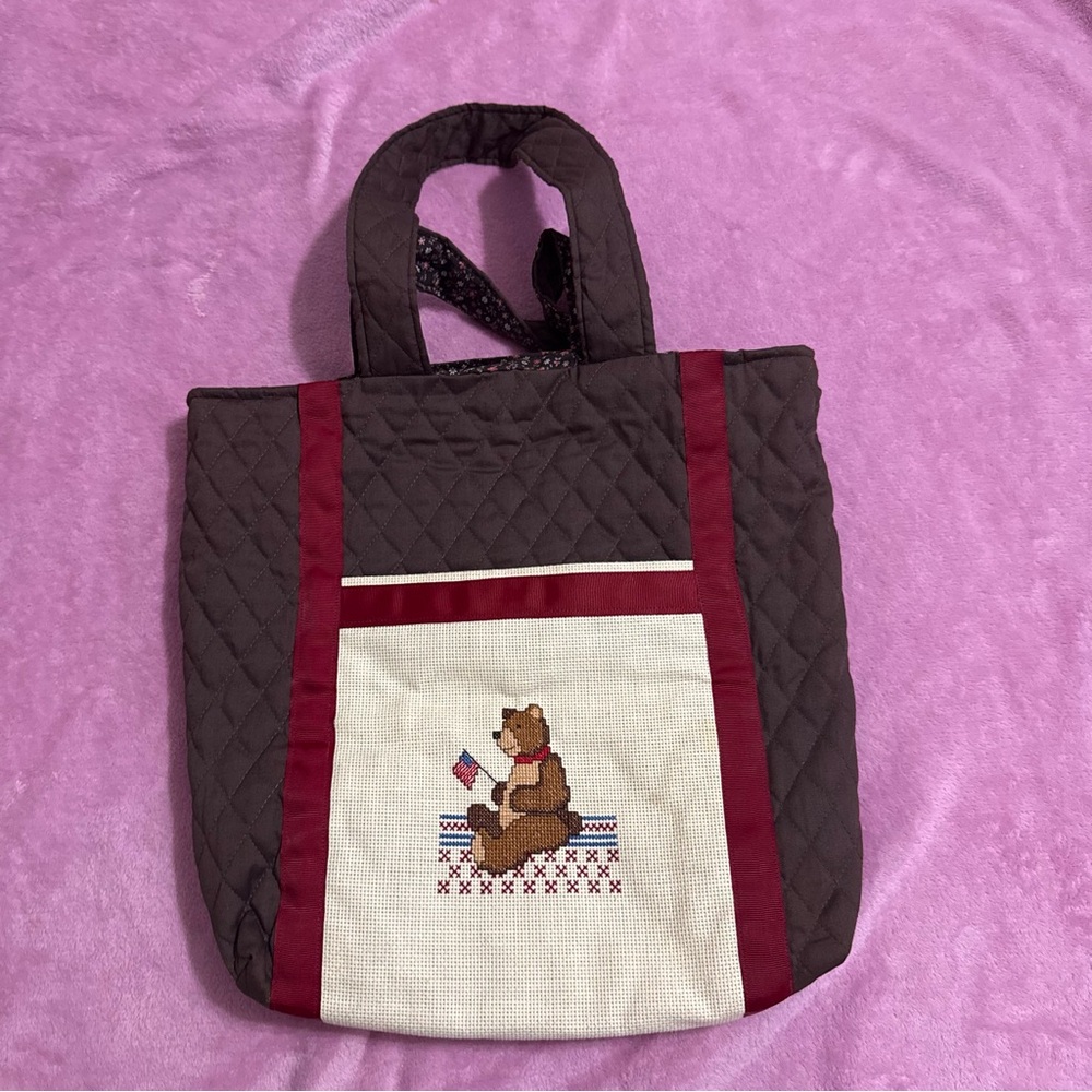 Quilted Brown Tote Bag with Bear Design american flag